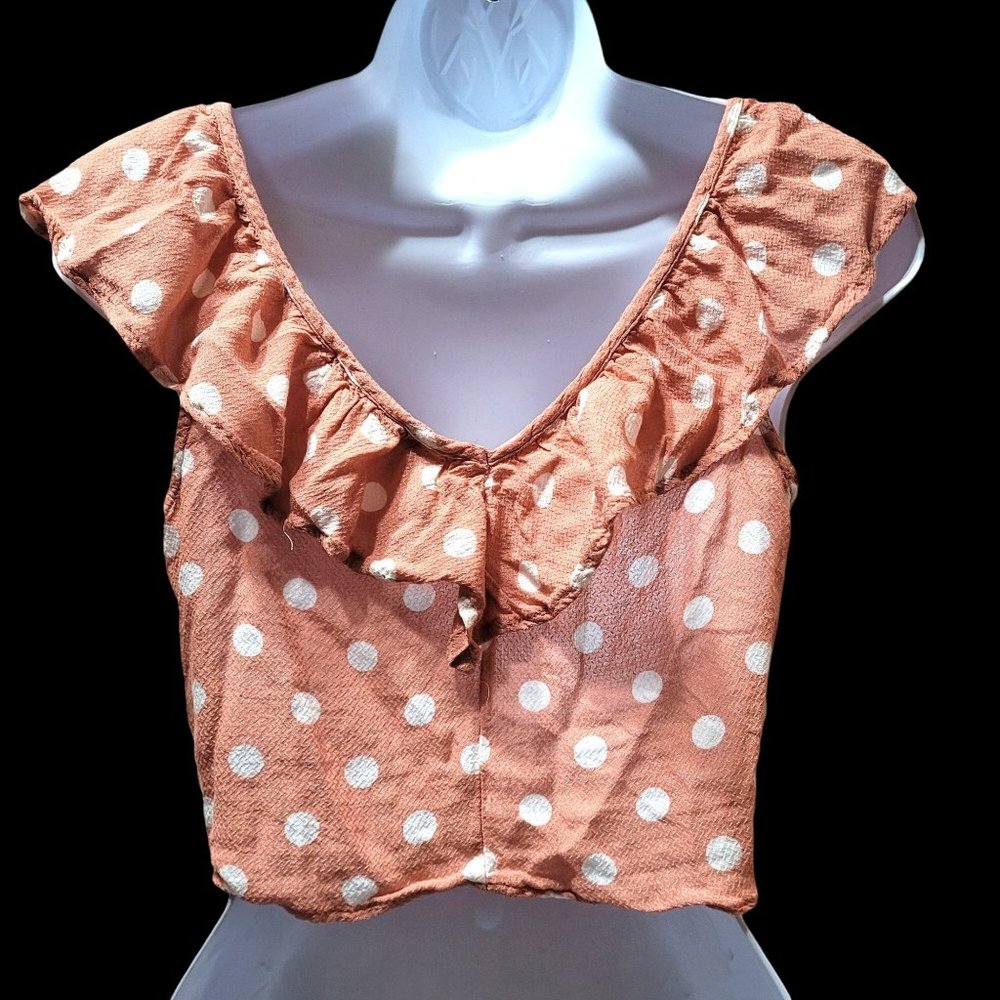 Jolt Women's Size Medium Polka Dot Ruffle Crop Top Short Sleeve Button Front - Picture 2 of 6